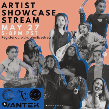 A graphic containing many portraits of young Asian-Canadian artists involved with a fundraiser