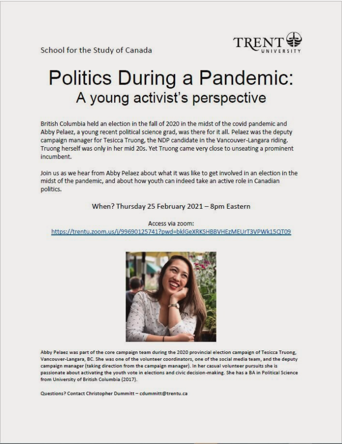 Text poster advertising Politics During a Pandemic Guest Lecture