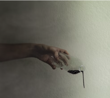 A hand pours black liquid from a bottle